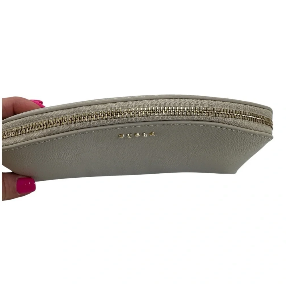 FURLA Classic Large Leather Cosmetic Case Pouch in Taupe Grey Luxury $198 NWOT